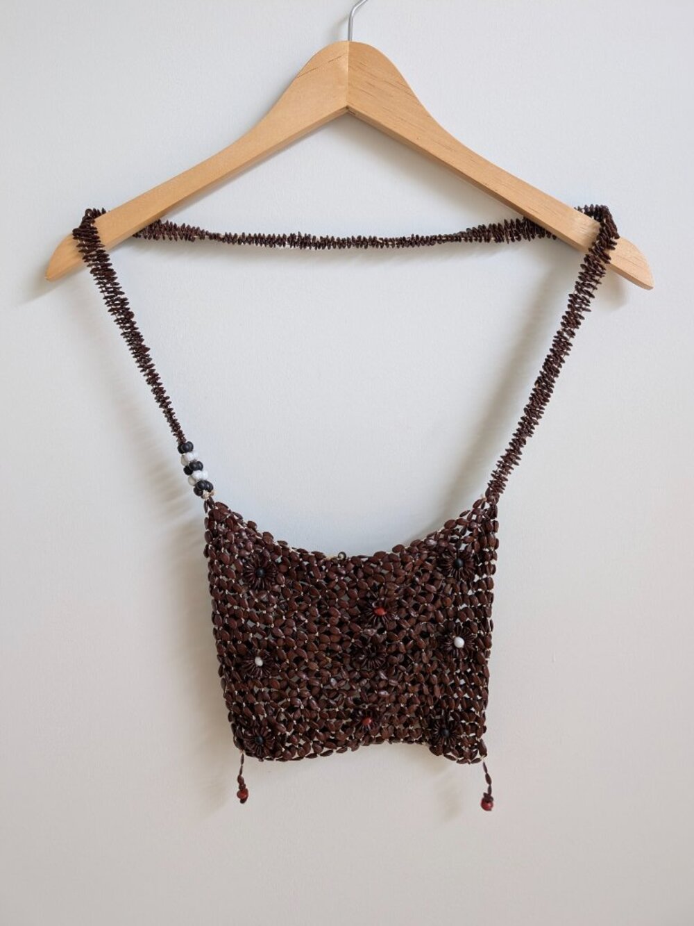 Entirely beaded small brown shoulder bag purse with beaded flowers